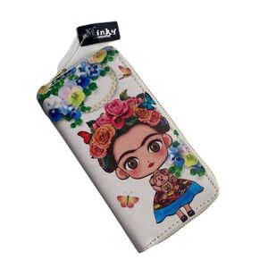 NWT FRIDA KAHLO zip clutch pop CARTOON WALLET rectangular monkey flowers pearls